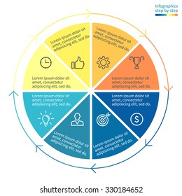 Infographics step by step with colored sections. Flat pie chart with 8 steps, options, parts, processes with arrows. Vector business template in blue and yellow for presentation and training.