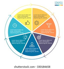 Infographics step by step with colored sections. Flat pie chart with 7 steps, options, parts, processes with arrows. Vector business template in blue and yellow for presentation and training.