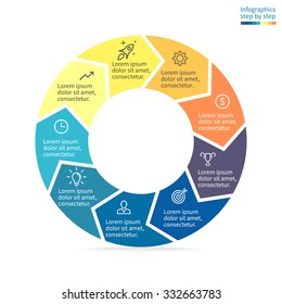 Infographics step by step with colored sections. Flat pie chart with 9 steps, options, parts, processes with arrows. Vector business template in blue and yellow for presentation.