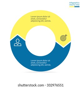 Infographics step by step with colored sections. Flat pie chart with 2 steps, options, parts, processes with arrows. Vector business template in blue and yellow for presentation.