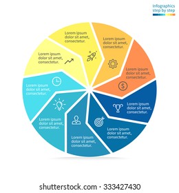 Infographics step by step with colored sections. Flat pie chart with 9 steps, options, parts, processes with twisted arrows. Vector business template in blue and yellow for presentation.