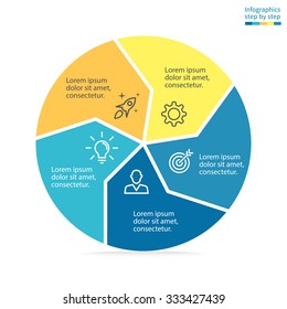 Infographics step by step with colored sections. Flat pie chart with 5 steps, options, parts, processes with twisted arrows. Vector business template in blue and yellow for presentation.