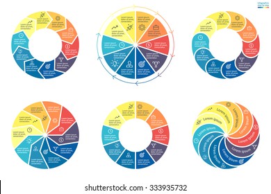 Infographics step by step with colored sections. Set 5. Flat pie charts, graphs, diagrams with 10 steps, options, parts, processes. Vector business template in blue and yellow for presentation.