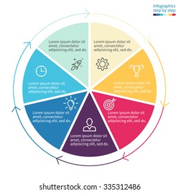 Infographics step by step with colored sections. Flat pie chart with 7 steps, options, parts, processes with thin arrows. Vector business template.