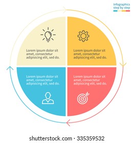 Infographics step by step with colored sections. Flat pie chart with 4 steps, options, parts, processes with thin arrows. Vector business template.