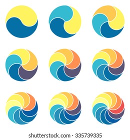 Infographics step by step with colored sections. Flat rounded, twisted pie charts with 2, 3, 4, 5, 6, 7, 8, 9, 10 steps, options, parts. Vector business templates in blue and yellow for presentation.