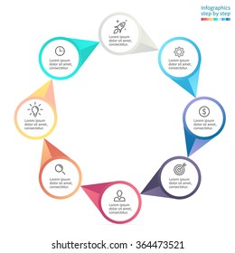 Infographics step by step. Diagram with pointers. Diagram, chart, graph with 8 steps, options, parts, processes with arrows.