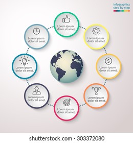 Infographics step by step with element in the center. Abstract chart, graph, diagram with 8 options, parts, processes. Vector template for presentation and training.