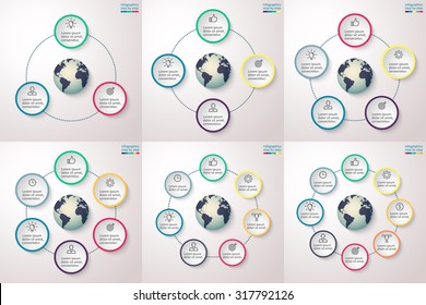 Infográficos passo a passo com elemento no centro. Gráficos, gráficos, diagramas com 3, 4, 5, 6, 7, 8 etapas, opções, partes, processos. Modelo vetorial para apresentação e treinamento.