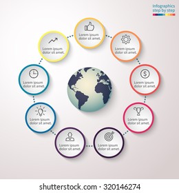 Infographics step by step with element in the center. Abstract chart, graph, diagram with 9 steps, options, parts, processes. Vector template for presentation and training.