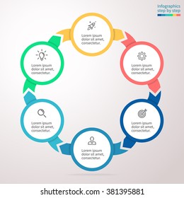 Infographics step by step. Flat chart, graph, diagram with 6 steps, options, parts, processes with arrows. Six connected elements. Hexagon diagram, chart.