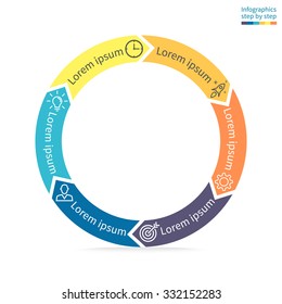 Infographics step by step. Flat thin pie chart, graph, diagram with 6 steps, options, parts, processes with arrows. Vector business template in blue and yellow for presentation and training.