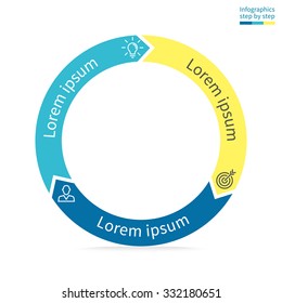 Infographics step by step. Flat thin pie chart, graph, diagram with 3 steps, options, parts, processes with arrows. Vector business template in blue and yellow for presentation and training.