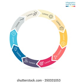 Infographics step by step. Flat thin pie chart, graph, diagram with 10 steps, options, parts, processes with arrows. Vector business template in orange and cream, blue for presentation and training.