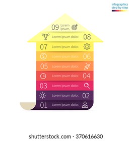 Infographics step by step in the form of arrow with colored sections. Business chart, graph, diagram with 9 steps, options, parts, processes. Vector template for presentation.