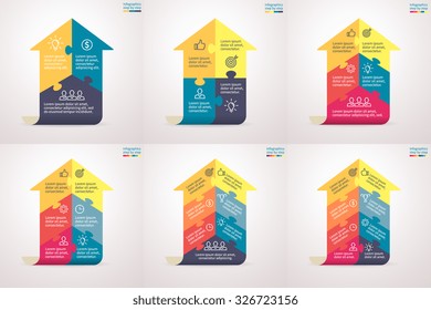 Infographics step by step in the form of arrows with elements of puzzle. Charts, graphs, diagrams with 3, 4, 5, 6, 7, 8 steps, options, parts, processes. Vector business templates for presentation.