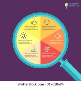 Infographics step by step in the form of flat magnifying glass. Abstract element of chart, graph, diagram with 6 steps, options, parts, processes. Colorful vector template for presentation.