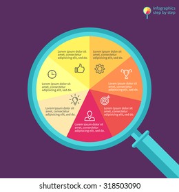 Infographics step by step in the form of flat magnifying glass. Abstract element of chart, graph, diagram with 7 steps, options, parts, processes. Colorful vector template for presentation.