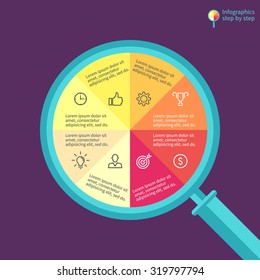 Infographics step by step in the form of flat magnifying glass. Abstract element of chart, graph, diagram with 8 steps, options, parts, processes. Colorful vector template for presentation.