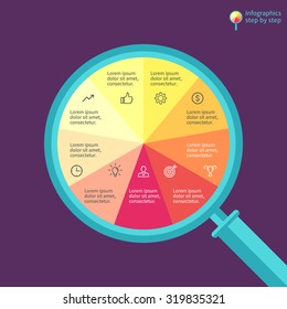 Infographics step by step in the form of flat magnifying glass. Abstract element of chart, graph, diagram with 9 steps, options, parts, processes. Colorful vector template for presentation.