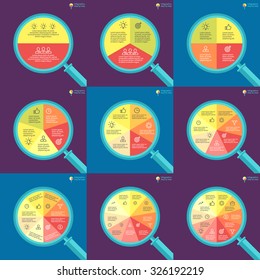 Infographics step by step in the form of flat magnifying glass. Set of flat pie charts with 2, 3, 4, 5, 6, 7, 8, 9, 10 steps, options, parts, processes. Vector business templates for presentation.
