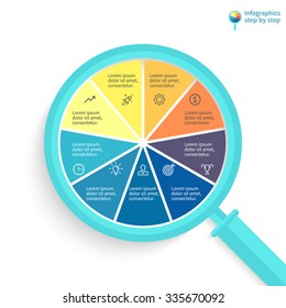 Infographics step by step in the form of flat magnifying glass with shadows. Pie chart, graph, diagram with 9 steps, options, parts, processes. Colorful vector template for presentation.