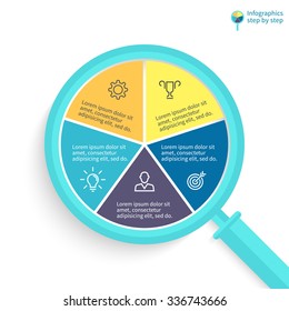 Infographics step by step in the form of flat magnifying glass with shadows. Pie chart, graph, diagram with 5 steps, options, parts, processes. Vector business template.