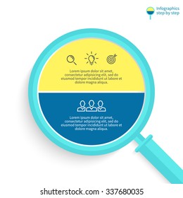Infographics step by step in the form of flat magnifying glass with shadows. Pie chart, graph, diagram with 2 steps, options, parts, processes. Vector business template.