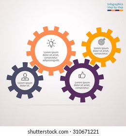 Infographics step by step in the form of gears. Abstract element of chart, graph, diagram with 4 options, parts, processes. Vector business template for presentation and training.