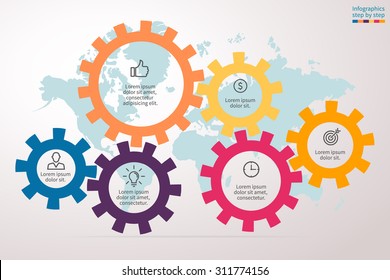 Infographics step by step in the form of gears. Abstract element of chart, graph, diagram with 6 options, parts, processes. Vector business template for presentation and training.