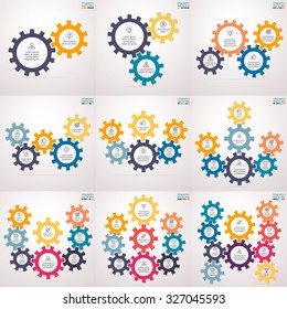 Infographics step by step in the form of gears. Set of charts, graphs, diagrams with 2, 3, 4, 5, 6, 7, 8, 9, 10 steps, options, parts, processes. Vector business templates for presentation.