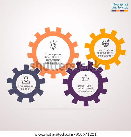 Infographics step by step in the form of gears. Abstract element of chart, graph, diagram with 4 options, parts, processes. Vector business template for presentation and training.