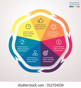 Infographics step by step in the form of a heptagon with rounded edges and external arrows. Abstract chart, graph, diagram with 7 steps, options, parts, processes. Vector template for presentation.