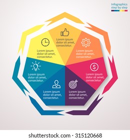 Infographics step by step in the form of a heptagon with external arrows. Abstract chart, graph, diagram with 7 steps, options, parts, processes. Vector business template for presentation.