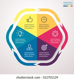 Infographics step by step in the form of a hexagon with rounded edges and external arrows. Abstract chart, graph, diagram with 6 steps, options, parts, processes. Vector template for presentation.