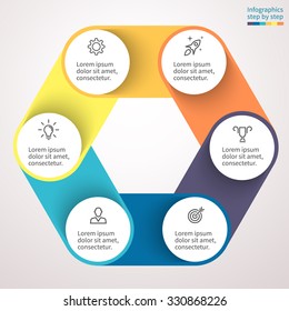 Infographics step by step in the form of a hexagon. Chart, graph, diagram, figure with 6 steps, options, parts, processes. Vector business template in blue and yellow for presentation and training.