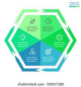 Infographics step by step in the form of hexagon. Hexagon chart, graph, diagram with 6 steps, options, parts, processes with arrows. Vector business template in blue and green for presentation.