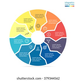 Infographics step by step in the form of inner arrows with colored sections. Pie chart, graph, diagram with 10 steps, options, parts, processes. Vector template for presentation.