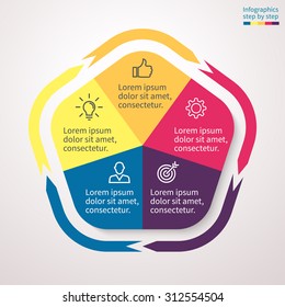 Infographics step by step in the form of a pentagon with rounded edges and external arrows. Abstract chart, graph, diagram with 5 steps, options, parts, processes. Vector template for presentation.