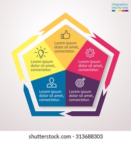 Infographics step by step in the form of a pentagon with acute angles and external arrows. Abstract chart, graph, diagram with 5 steps, options, parts, processes. Vector template for presentation.