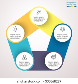 Infographics step by step in the form of a pentagon. Chart, graph, diagram, figure with 5 steps, options, parts, processes. Vector business template in blue and yellow for presentation and training.