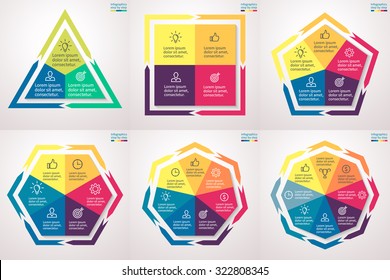 Infographics step by step in the form of polygons with arrows. Charts, graphs, diagrams with 3, 4, 5, 6, 7, 8 steps, options, parts, processes. Vector business templates for presentation.