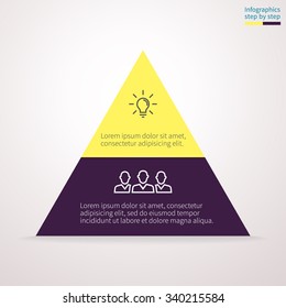 Infographics step by step in the form of pyramid, triangle with colored sections. Triangle chart, graph, diagram with 2 steps, options, parts. Vector business triangle template for presentation.