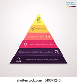 Infographics step by step in the form of pyramid, triangle with colored sections. Triangle chart, graph, diagram with 6 steps, options, parts. Vector business triangle template for presentation.