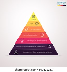 Infographics step by step in the form of pyramid, triangle with colored sections. Triangle chart, graph, diagram with 7 steps, options, parts. Vector business triangle template for presentation.