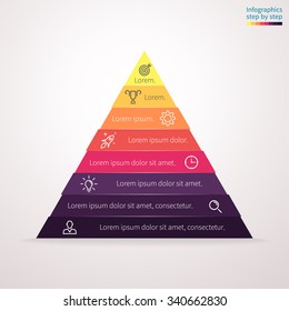 Infographics step by step in the form of pyramid, triangle with colored sections. Triangle chart, graph, diagram with 8 steps, options, parts. Vector business triangle template for presentation.