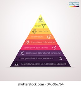 Infographics Step By Step In The Form Of Pyramid, Triangle With Colored Sections. Triangle Chart, Graph, Diagram With 9 Steps, Options, Parts. Vector Business Triangle Template For Presentation.