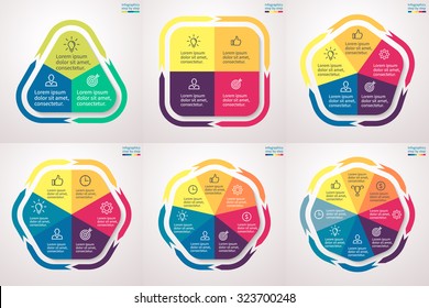 Infographics step by step in the form of rounded polygons with arrows. Charts, graphs, diagrams with 3, 4, 5, 6, 7, 8 steps, options, parts, processes. Vector business templates for presentation.