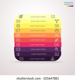 Infographics step by step in the form of a rounded square with colored sections. Abstract chart, graph, diagram with 10 steps, options, parts, processes. Vector template for presentation.