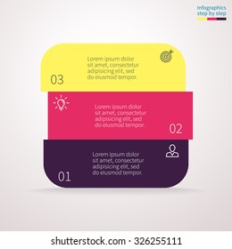 Infographics step by step in the form of a rounded square with colored sections. Abstract chart, graph, diagram with 3 steps, options, parts, processes. Vector template for presentation.